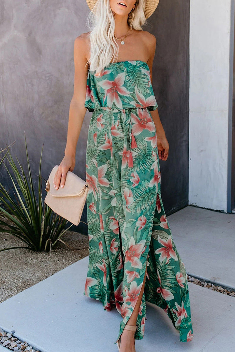 Sexy Vacation Floral Patchwork Strapless Irregular Dress Dresses - Fashionpara