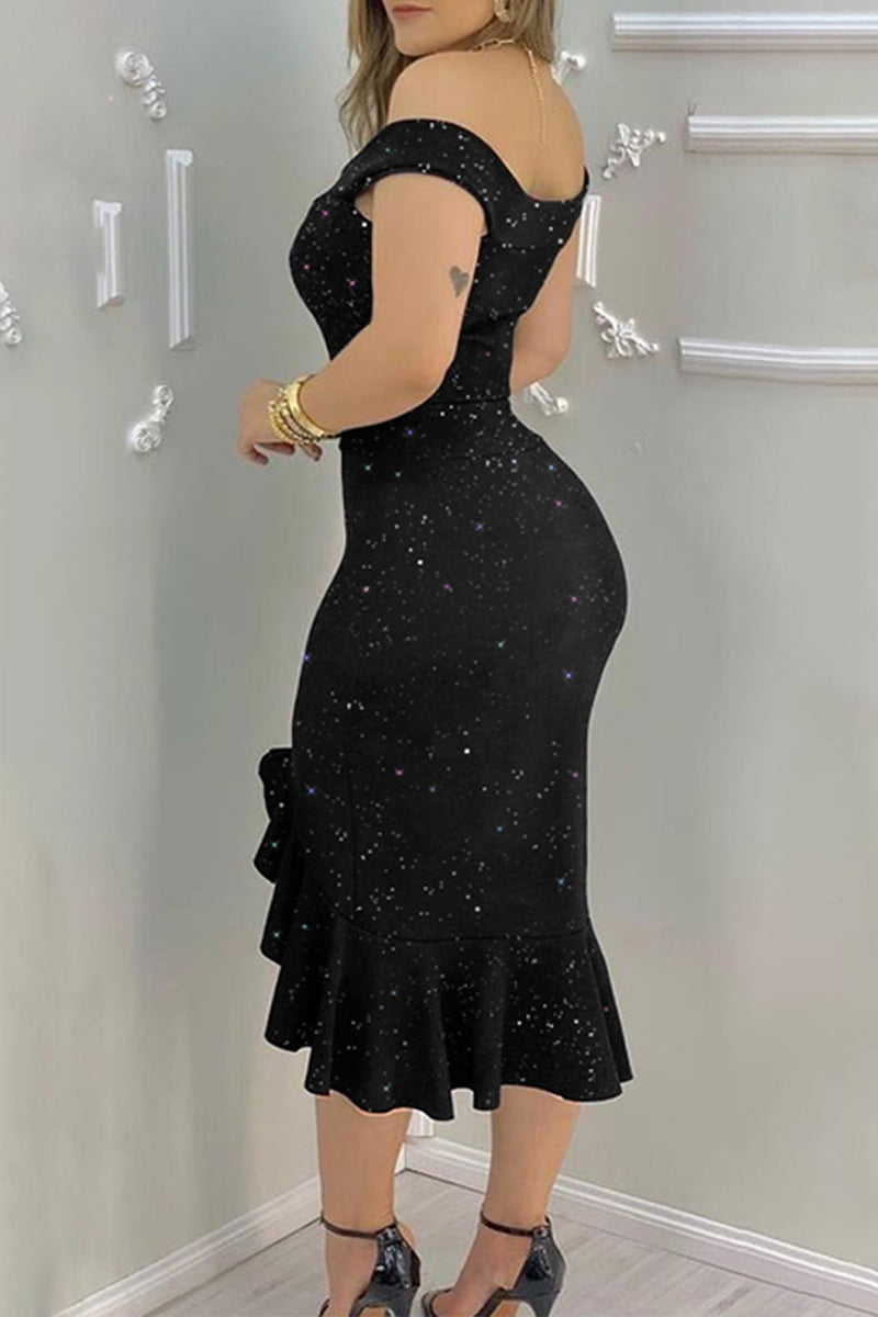 Sexy Elegant Solid Sequined Stringy Selvedge Off the Shoulder Evening Dress Dresses - Fashionpara