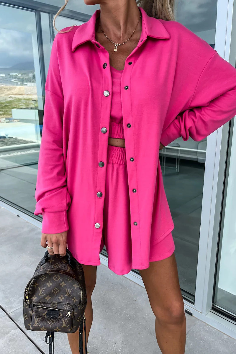 Casual Vacation Solid Pocket Turndown Collar Long Sleeve Two Pieces(6 Colors)  Fashionpara