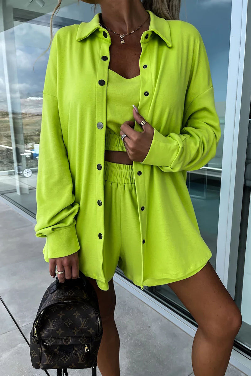 Casual Vacation Solid Pocket Turndown Collar Long Sleeve Two Pieces(6 Colors)  Fashionpara