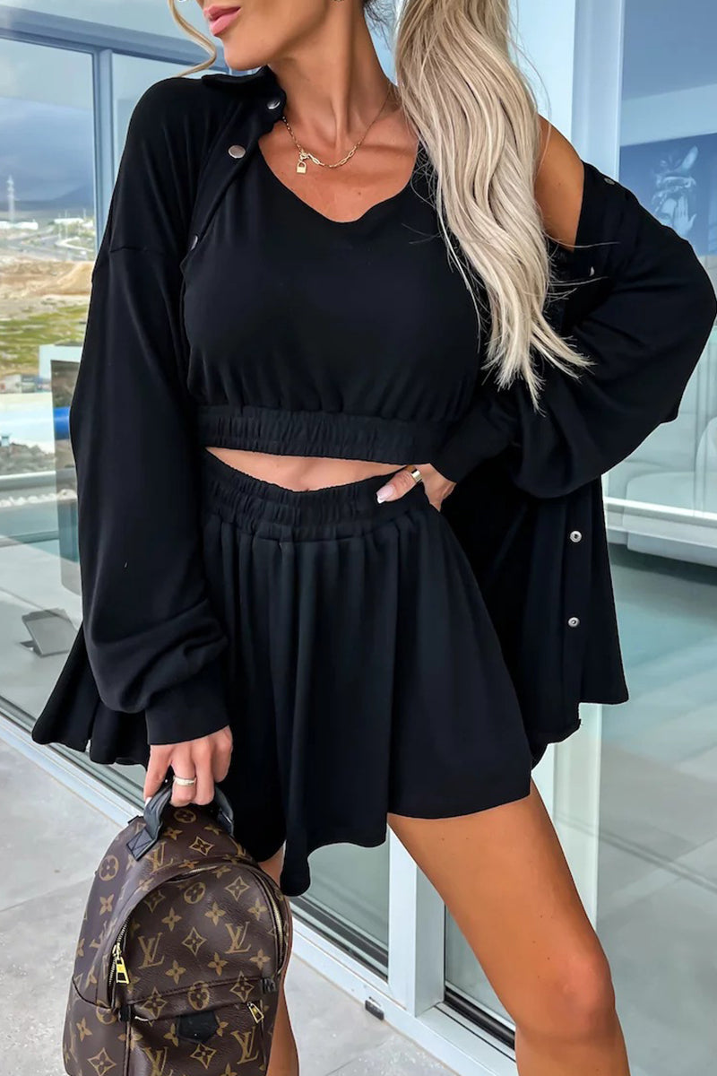 Casual Vacation Solid Pocket Turndown Collar Long Sleeve Two Pieces(6 Colors)  Fashionpara