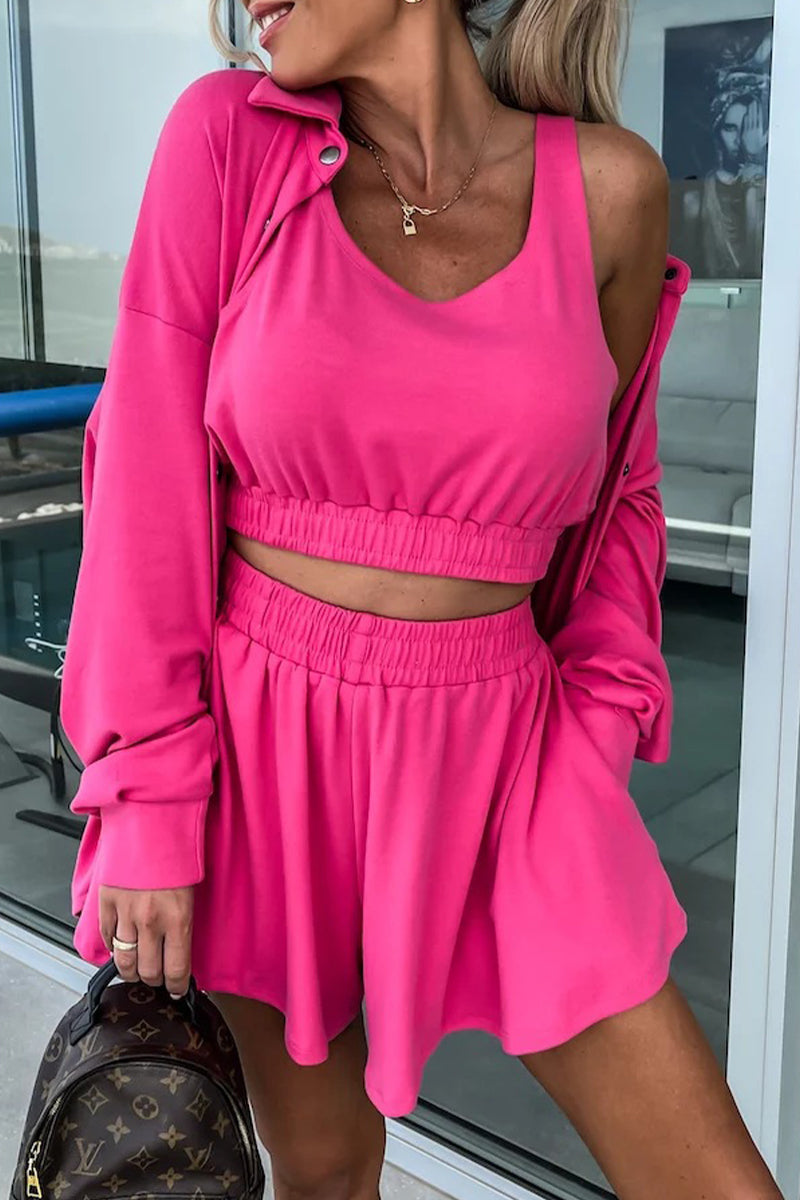 Casual Vacation Solid Pocket Turndown Collar Long Sleeve Two Pieces(6 Colors)  Fashionpara