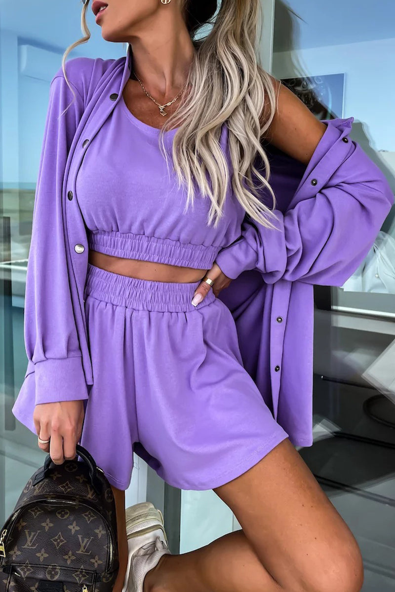 Casual Vacation Solid Pocket Turndown Collar Long Sleeve Two Pieces(6 Colors)  Fashionpara