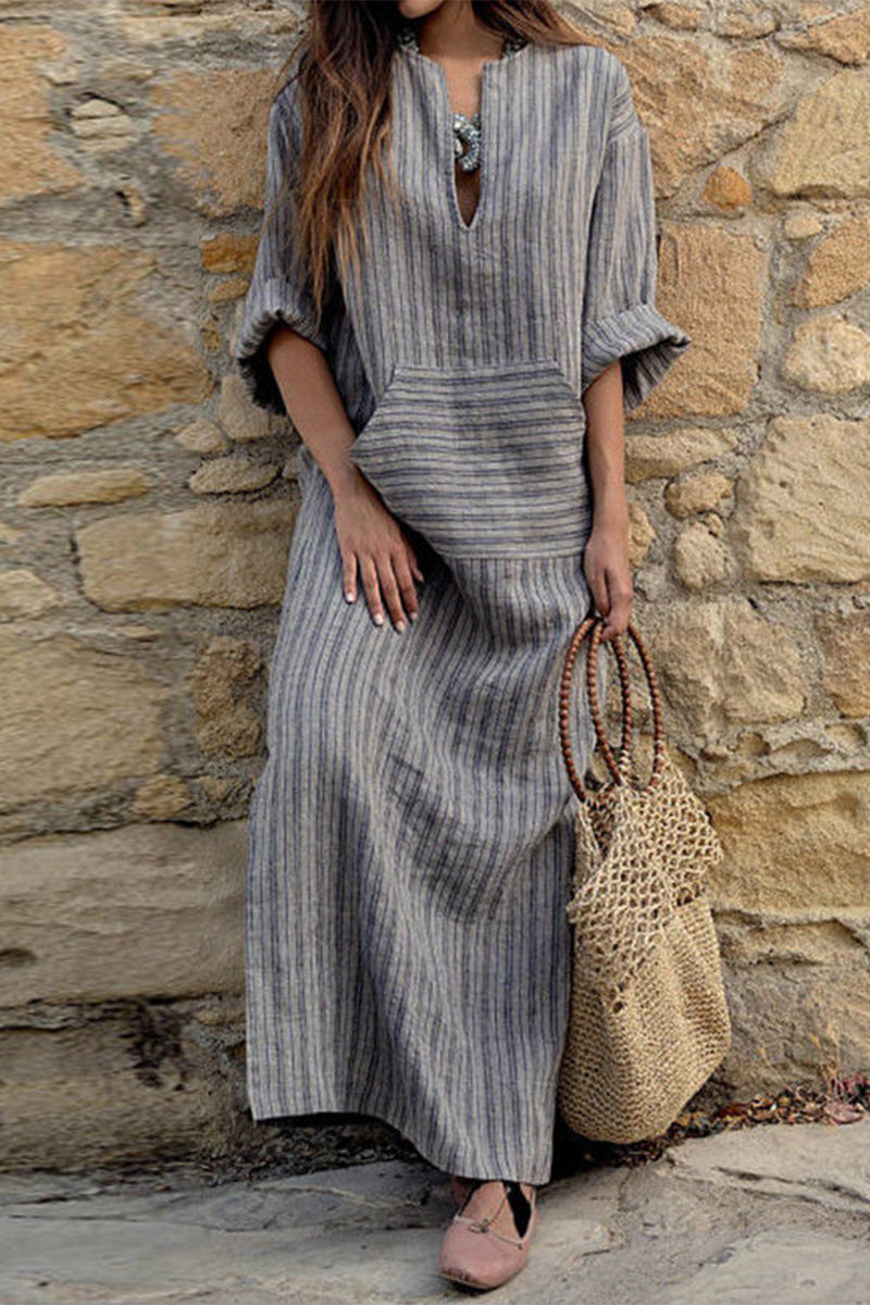 Casual College Striped Patchwork V Neck One Step Skirt Dresses(3 Colors) - Fashionpara