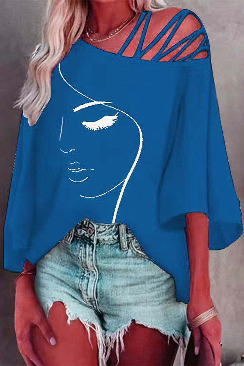 Casual Print Patchwork Oblique Collar T-Shirts(5 Colors) - Fashionpara