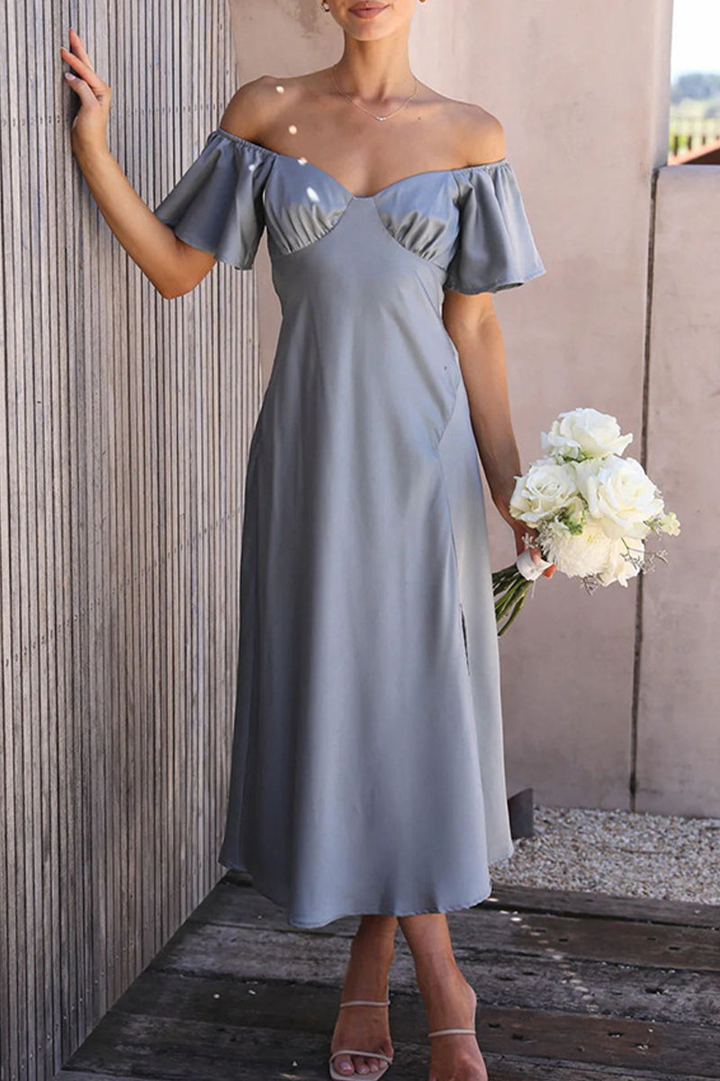 Sexy Celebrities Solid Slit Off the Shoulder Pleated Dresses - Fashionpara