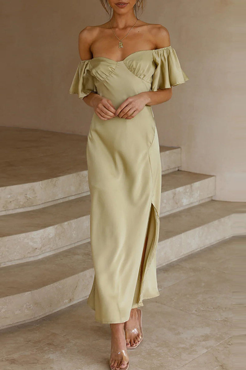 Sexy Celebrities Solid Slit Off the Shoulder Pleated Dresses - Fashionpara