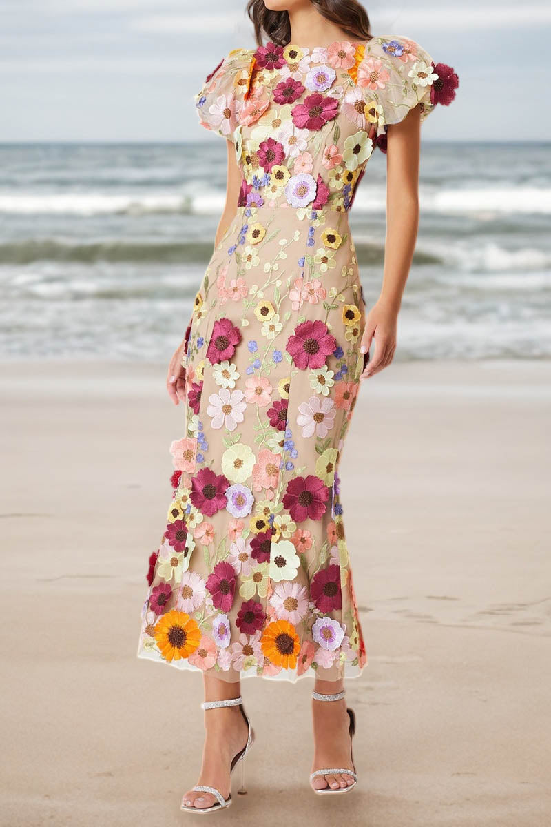 3D Lace Flower Crew Neck Puff Sleeve Midi Dress - Fashionpara