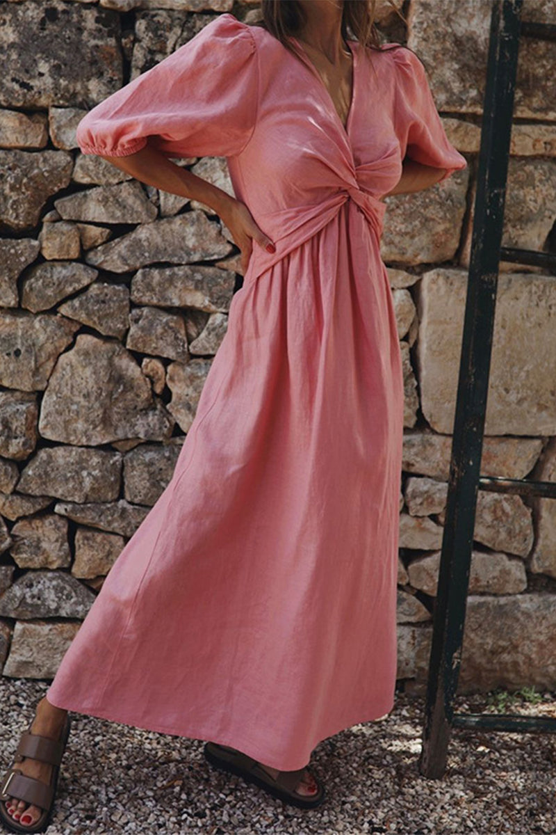 Casual Simplicity Solid V Neck Short Sleeve Dress Dresses(3 Colors) - Fashionpara