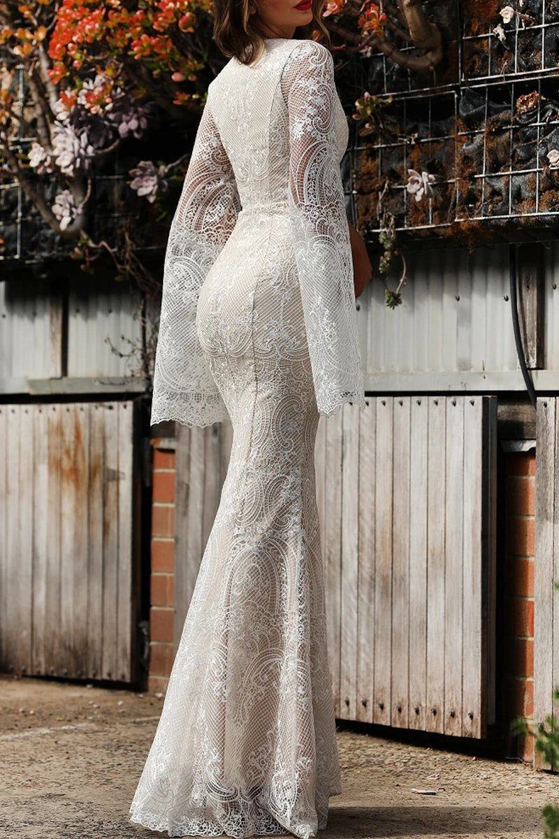 Sexy Formal Solid Lace Zipper V Neck Evening Dress Dresses - Fashionpara