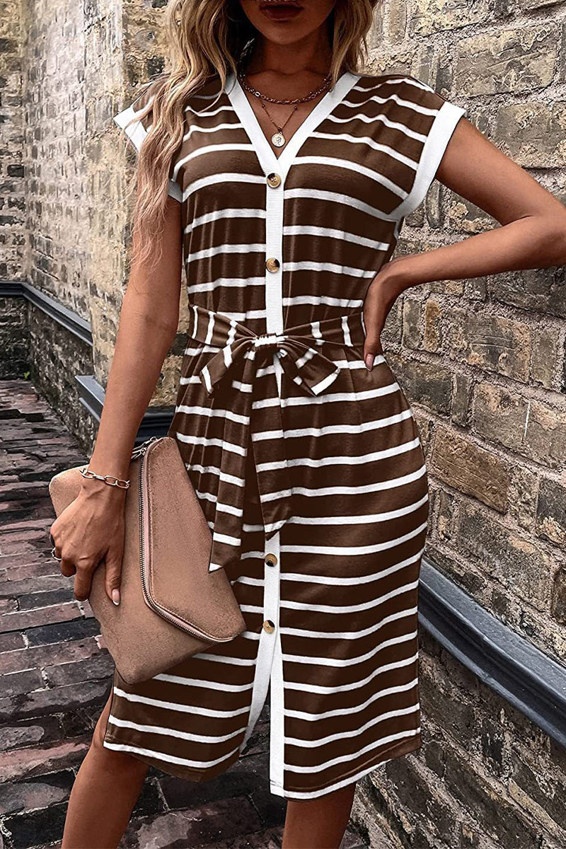 Stripe Ribbed Deep V-Neck Cap Sleeve Button Front Tie Waist Midi Dress - View 3
