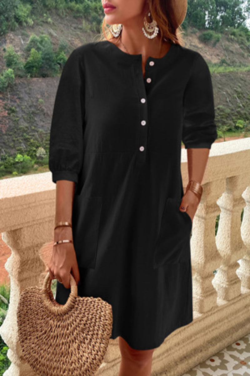 Casual Simplicity Solid Pocket Buckle O Neck A Line Dresses(4 Colors) - Fashionpara