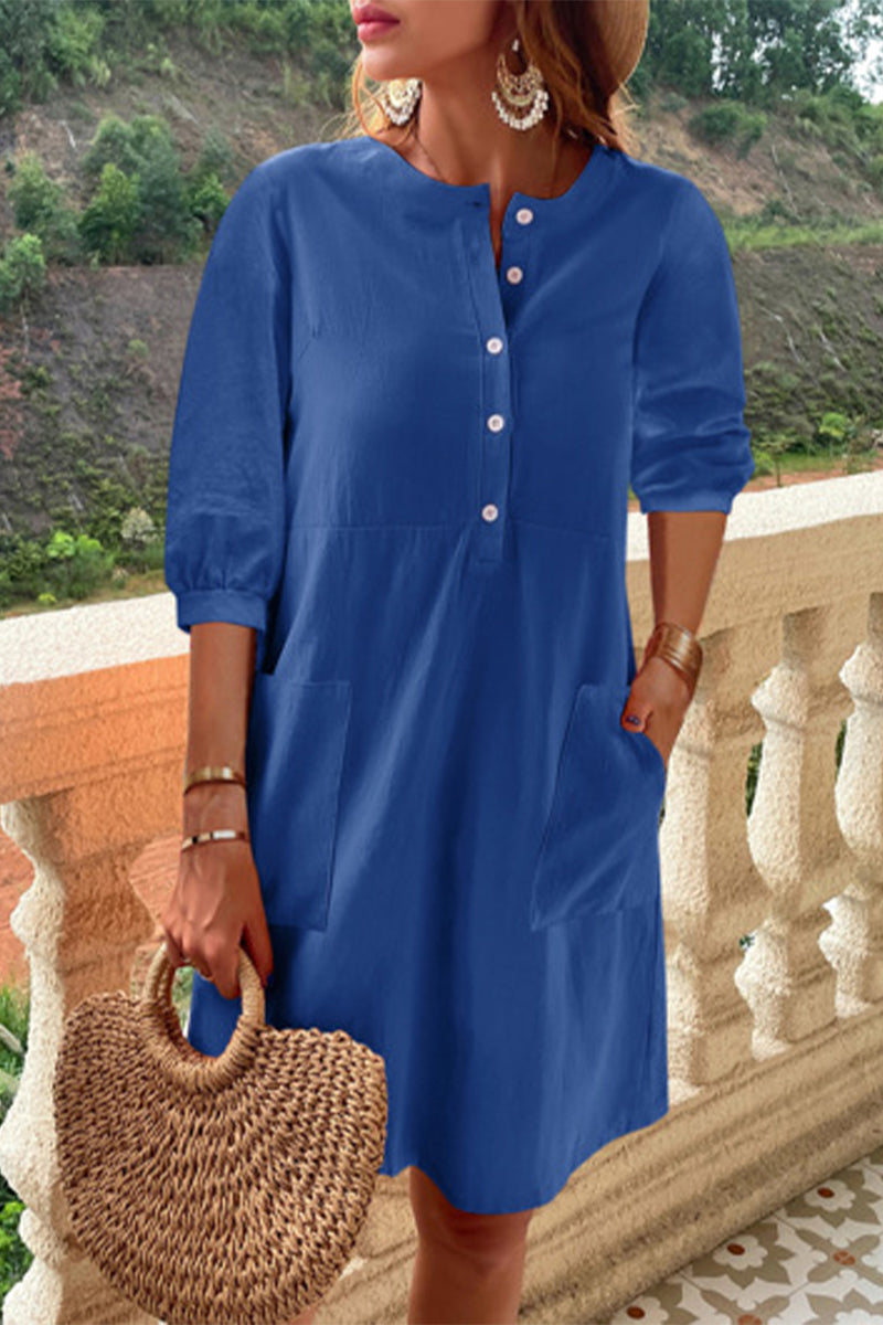 Casual Simplicity Solid Pocket Buckle O Neck A Line Dresses(4 Colors) - Fashionpara