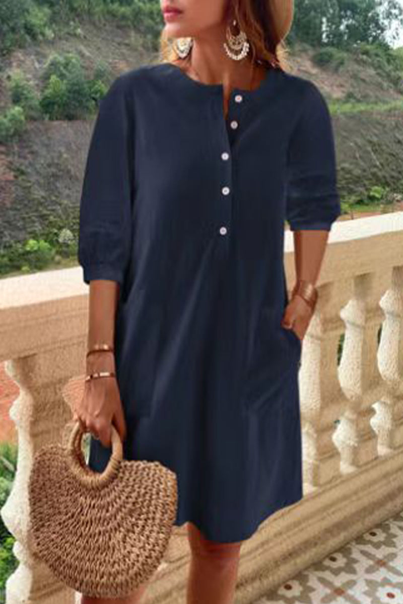 Casual Simplicity Solid Pocket Buckle O Neck A Line Dresses(4 Colors) - Fashionpara