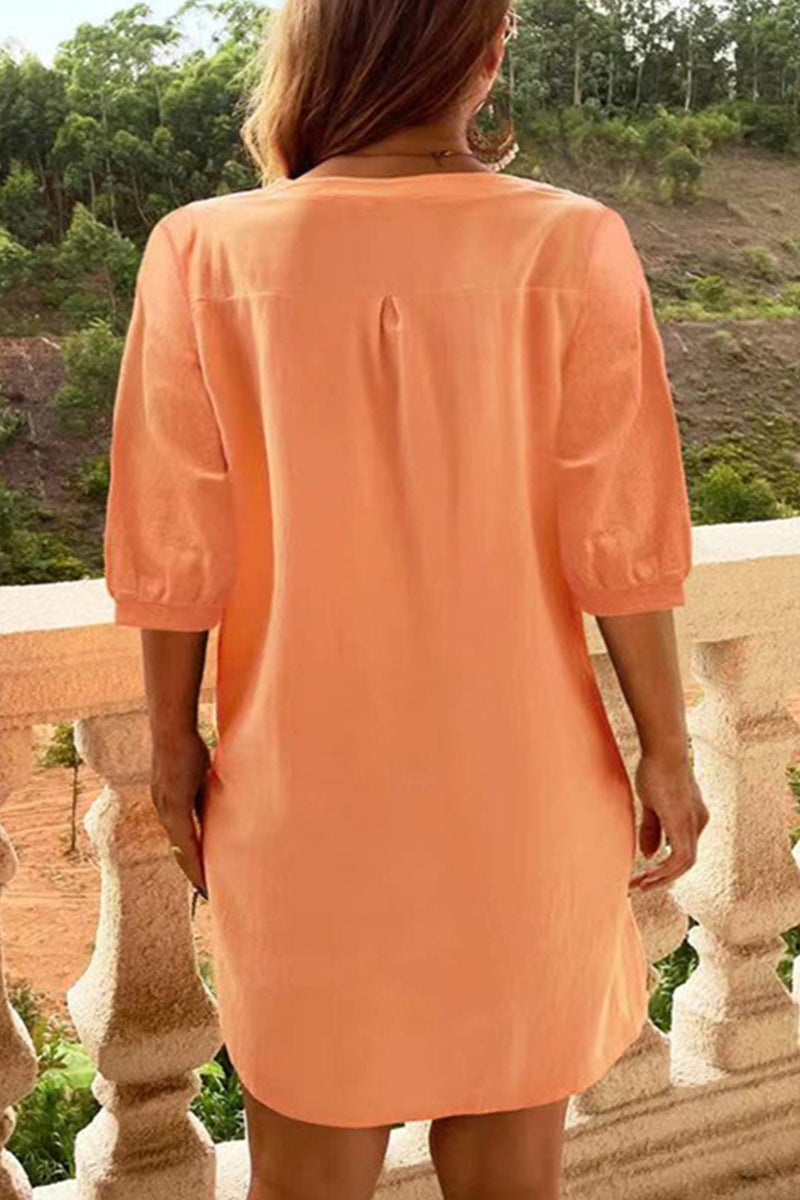 Casual Simplicity Solid Pocket Buckle O Neck A Line Dresses(4 Colors) - Fashionpara