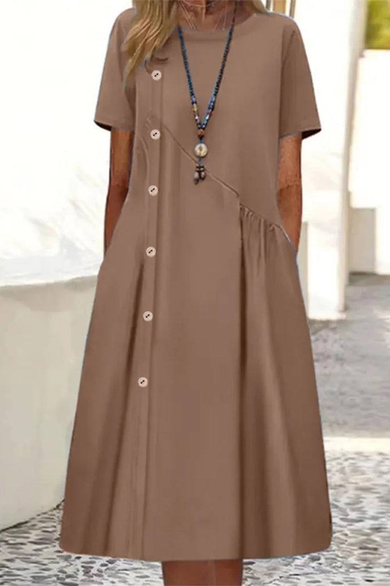 Casual Daily Solid Pocket Buttons O Neck A Line Dresses(4 Colors) - Fashionpara