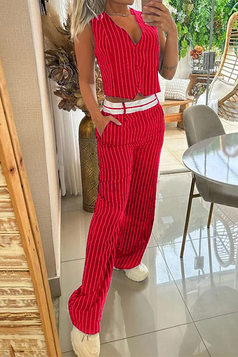 Casual Work Striped Buckle V Neck Sleeveless Two Pieces - Fashionpara