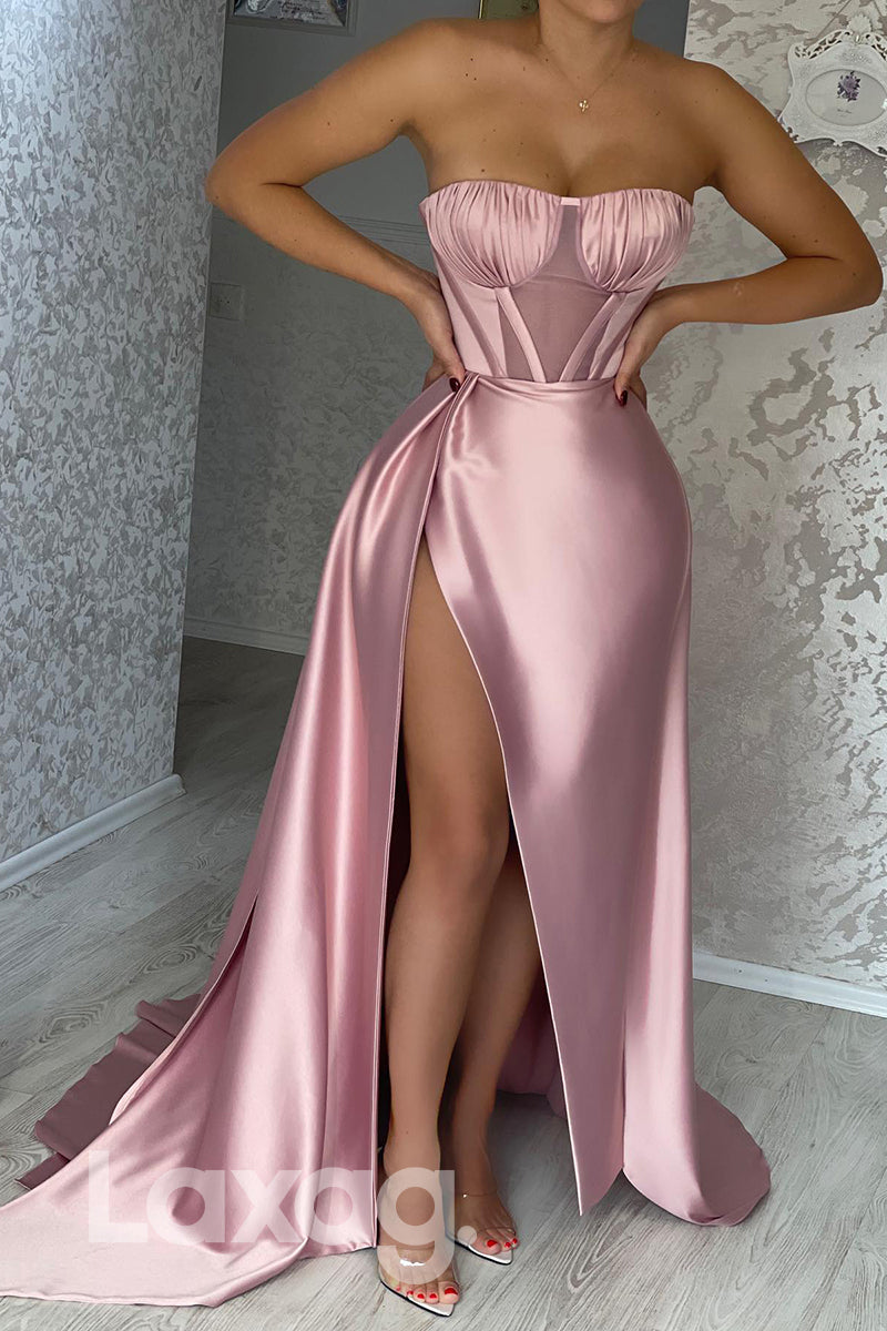 Strapless Bone Bodice Thigh Slit Pink Prom Dress Long - Fashionpara