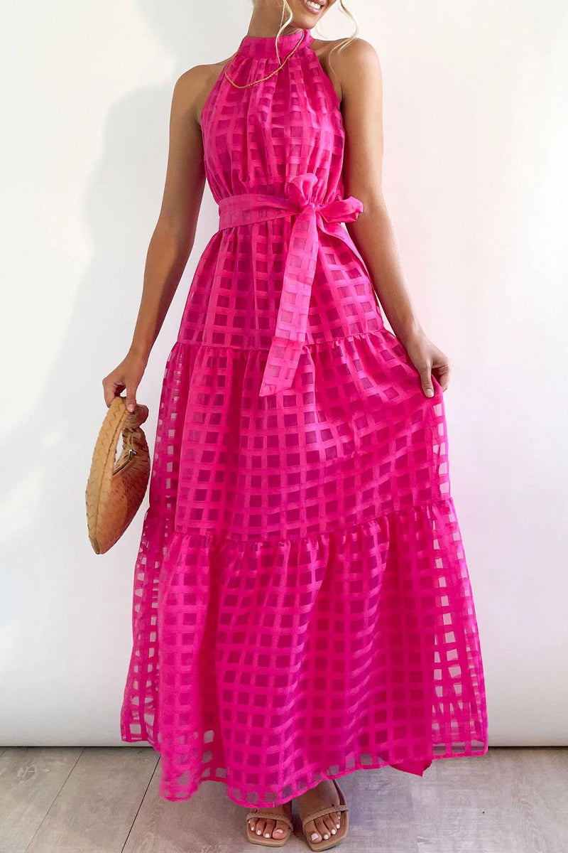 Bohemian College Plaid Frenulum See-through Halter A Line Dresses - Fashionpara