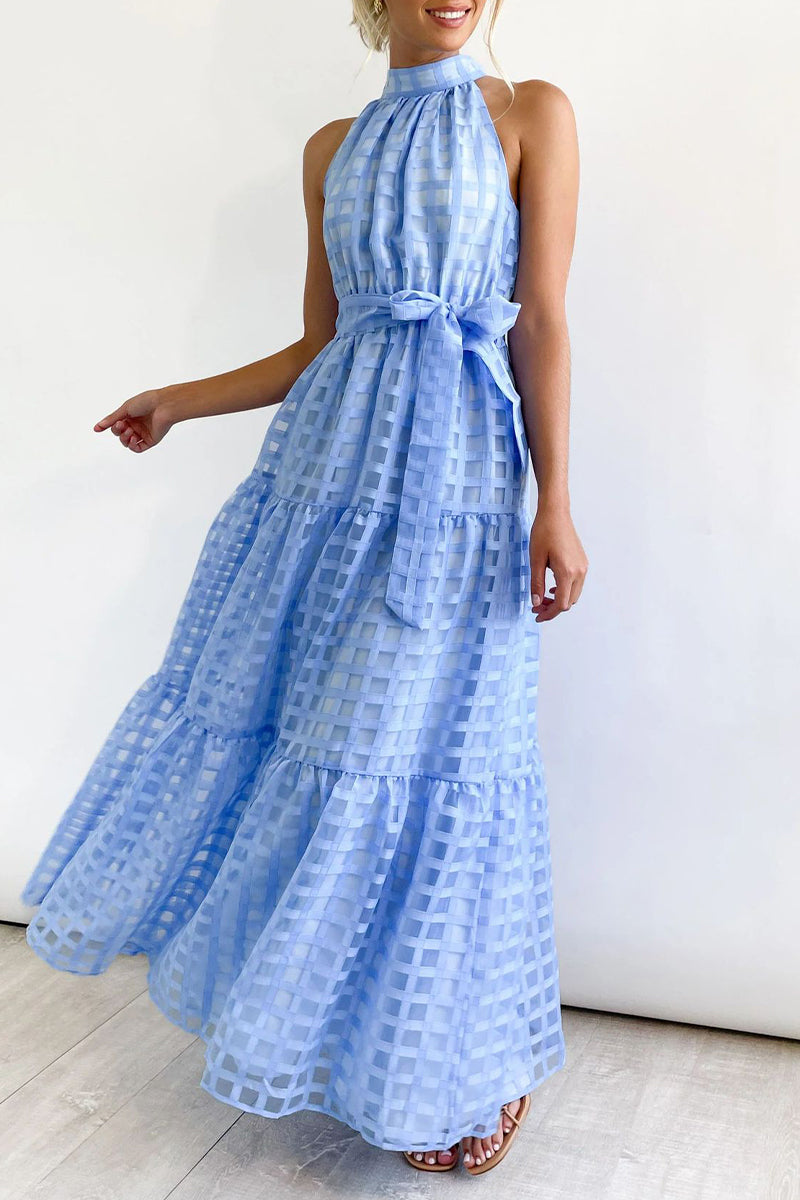 Bohemian College Plaid Frenulum See-through Halter A Line Dresses - Fashionpara