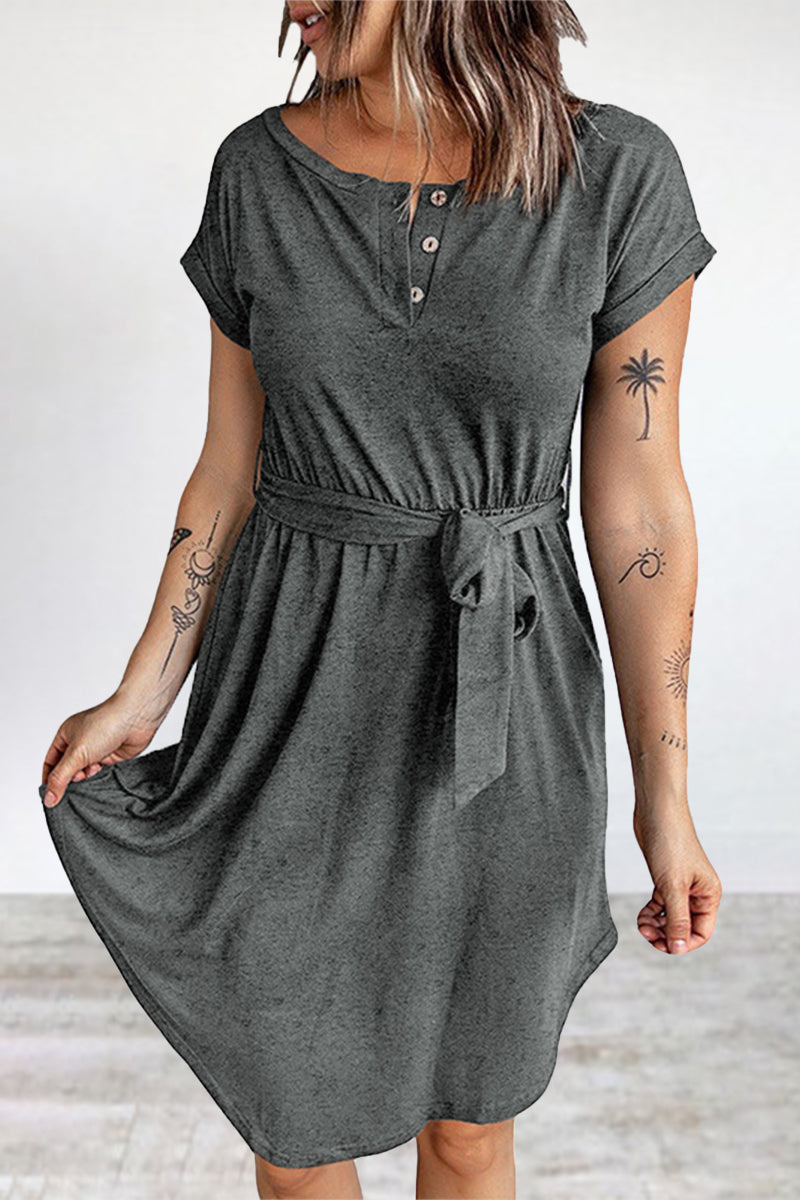 Casual Daily Solid Buttons O Neck Short Sleeve Dress Dresses - Fashionpara