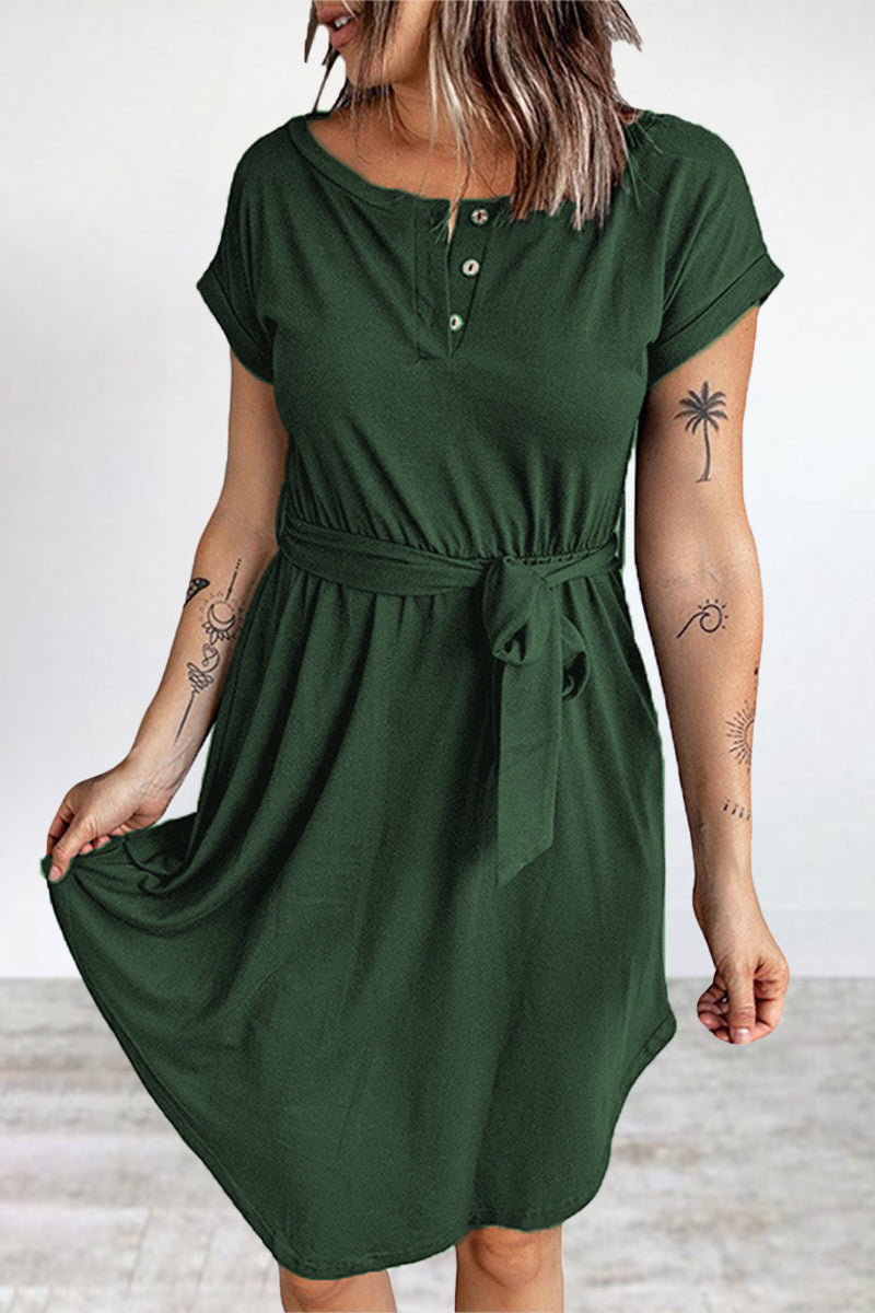 Casual Daily Solid Buttons O Neck Short Sleeve Dress Dresses - Fashionpara