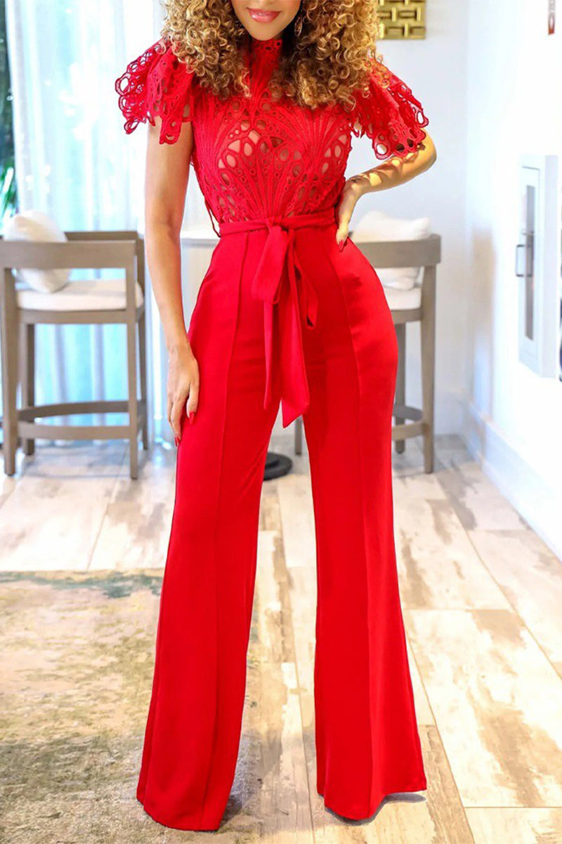 Casual Street Solid Hollowed Out Mandarin Collar Regular Jumpsuits - Fashionpara