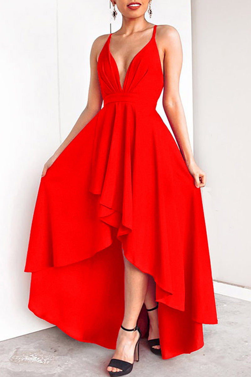 Sexy Formal Solid Asymmetrical V Neck Dresses - Fashionpara