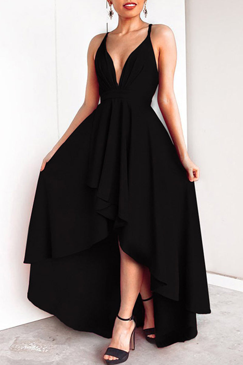 Sexy Formal Solid Asymmetrical V Neck Dresses - Fashionpara