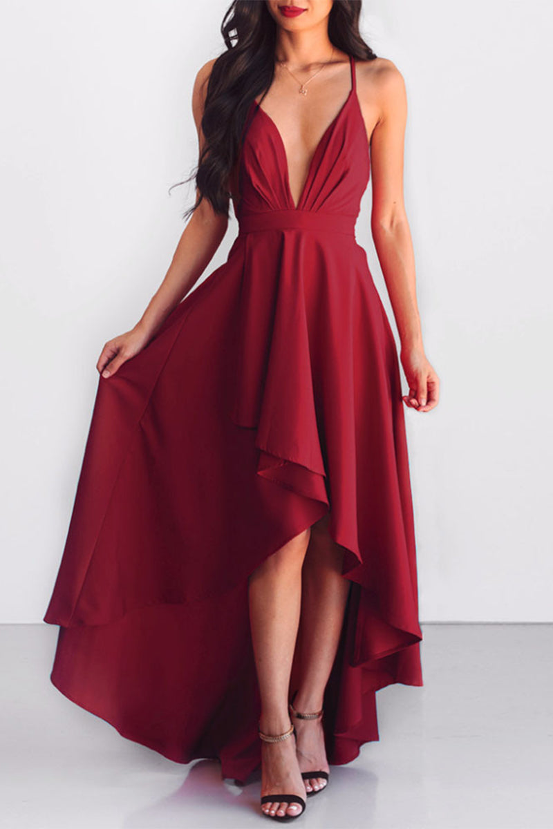 Sexy Formal Solid Asymmetrical V Neck Dresses - Fashionpara