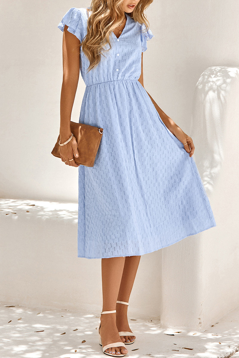 V-Neck Flutter Sleeve Button Front Tonal Stripe Midi Dress - View 4