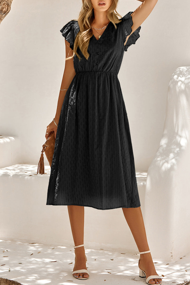 V-Neck Flutter Sleeve Button Front Tonal Stripe Midi Dress - View 2
