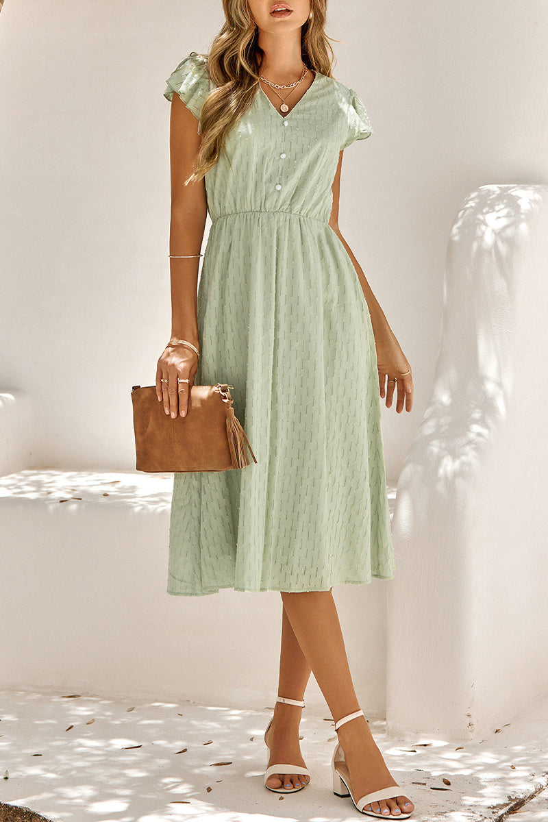 V-Neck Flutter Sleeve Button Front Tonal Stripe Midi Dress - View 3