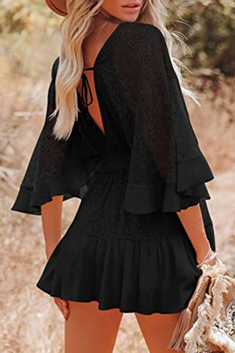 Casual Solid Patchwork V Neck Lace Dress Dresses - Fashionpara