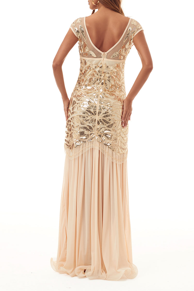 Elegant Formal Patchwork Sequins Beading Zipper O Neck Evening Dress Dresses - Fashionpara