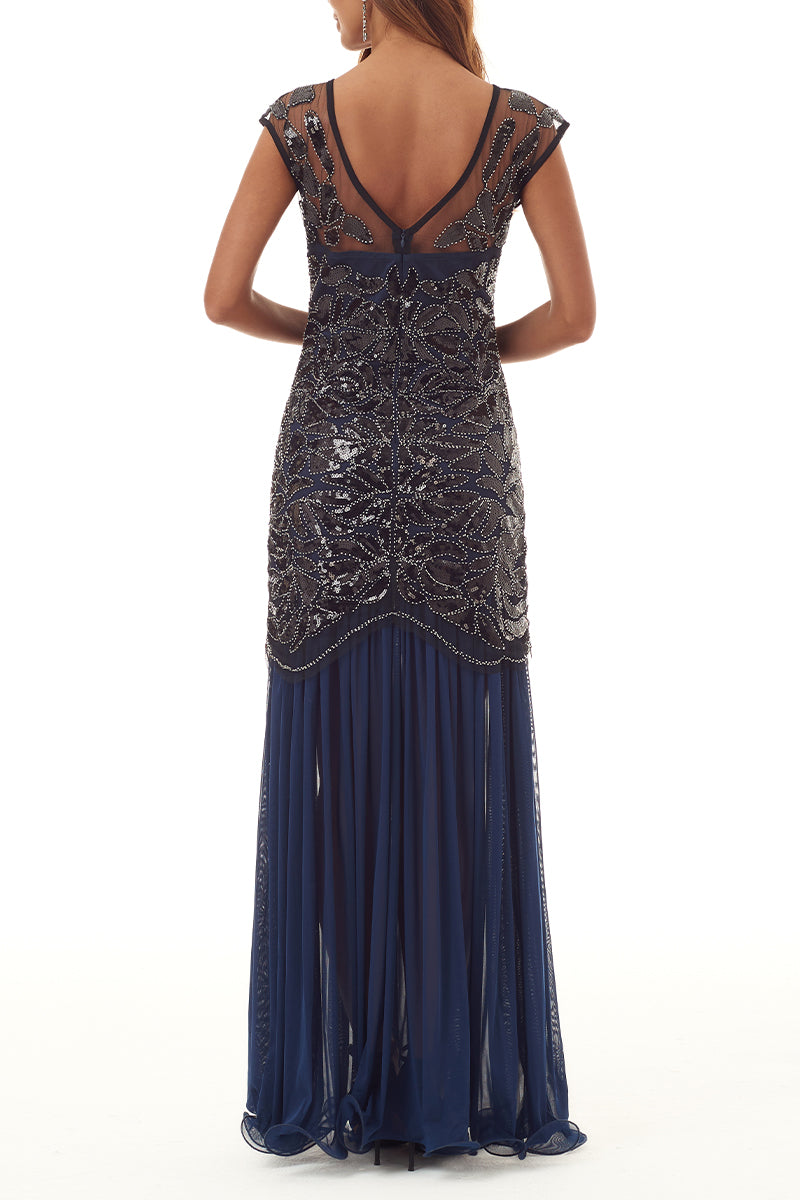 Elegant Formal Patchwork Sequins Beading Zipper O Neck Evening Dress Dresses - Fashionpara