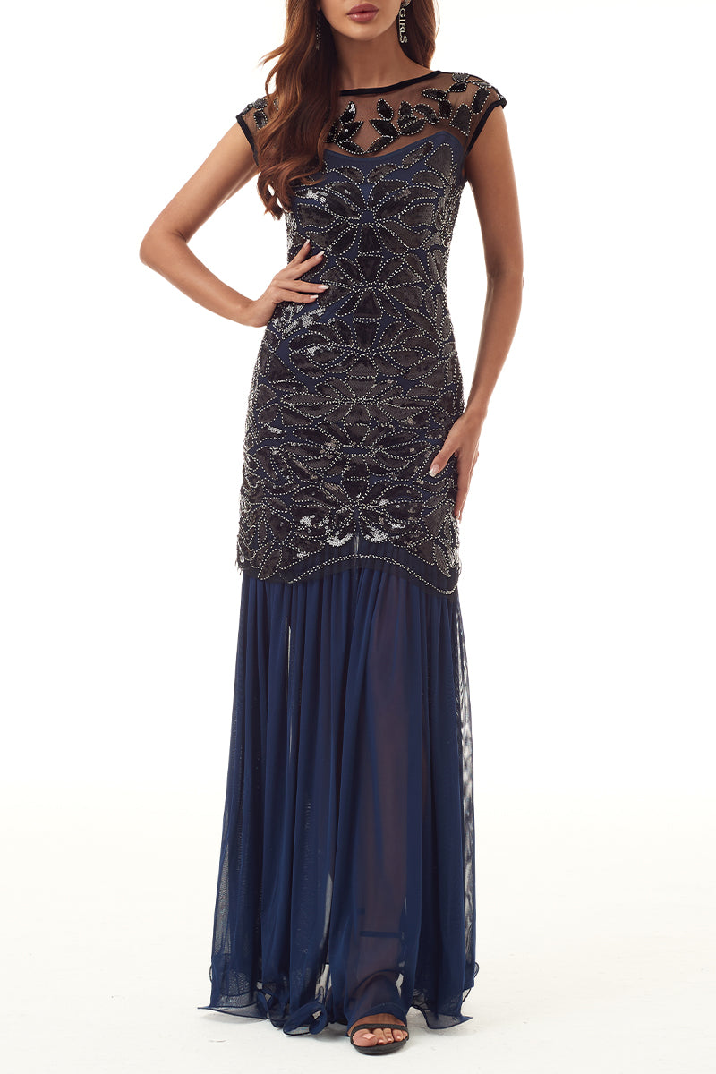 Elegant Formal Patchwork Sequins Beading Zipper O Neck Evening Dress Dresses - Fashionpara