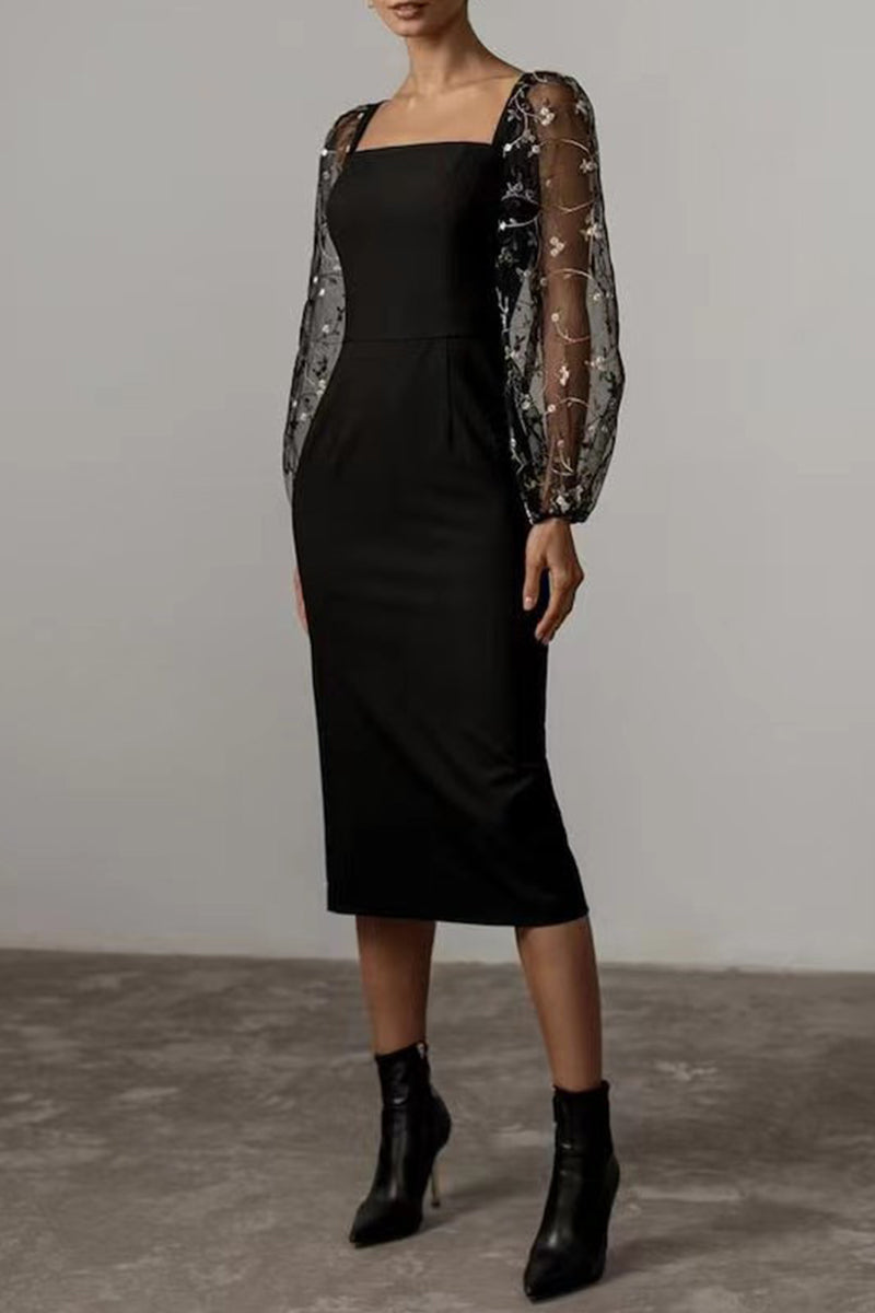 Elegant Solid Embroidered Square Collar Wrapped Skirt Dresses - Fashionpara