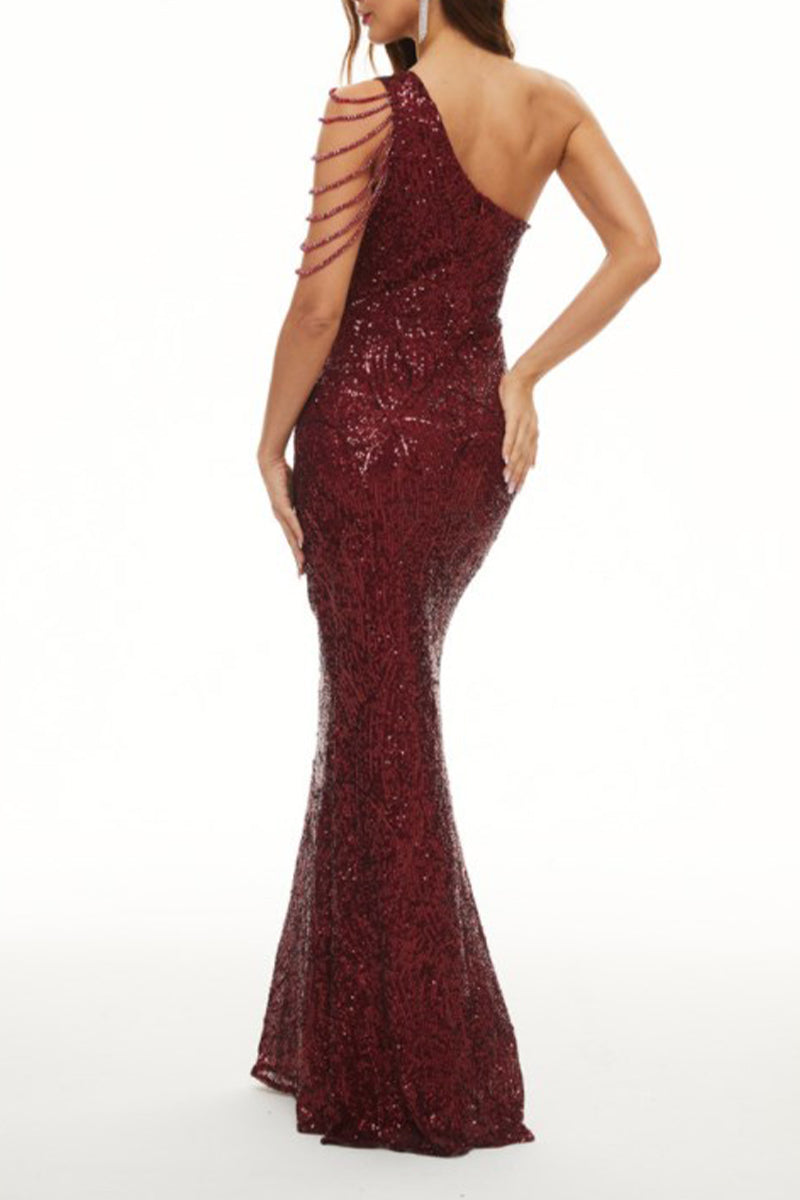 Celebrities Elegant Solid Sequins Oblique Collar Evening Dress Dresses(6 Colors) - Fashionpara