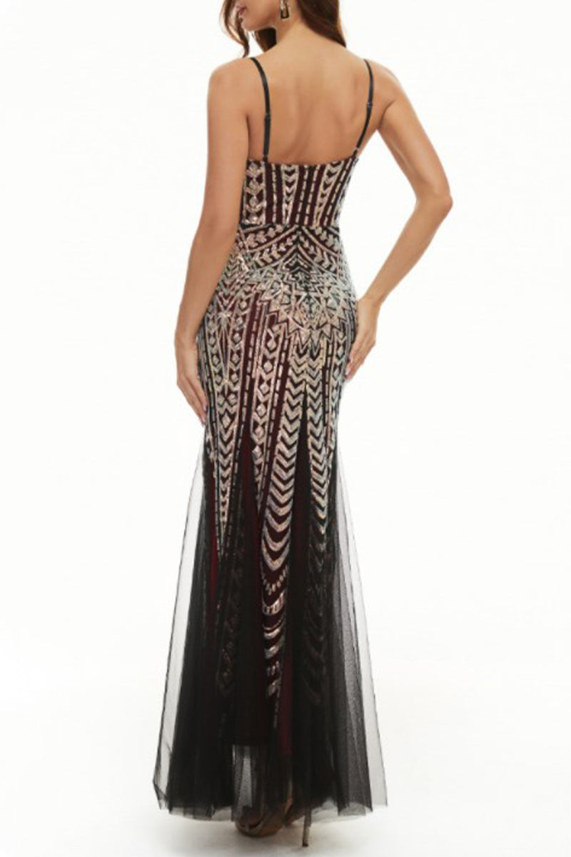 Sexy Celebrities Patchwork Sequins V Neck Evening Dress Dresses(4 Colors) - Fashionpara