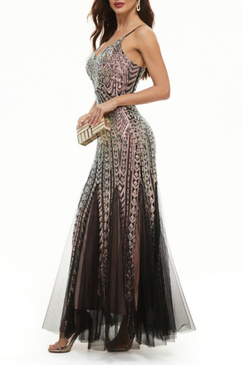 Sexy Celebrities Patchwork Sequins V Neck Evening Dress Dresses(4 Colors) - Fashionpara