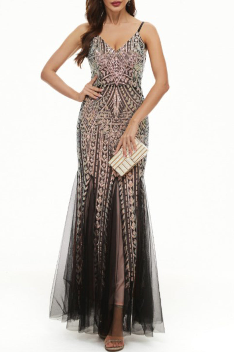 Sexy Celebrities Patchwork Sequins V Neck Evening Dress Dresses(4 Colors) - Fashionpara