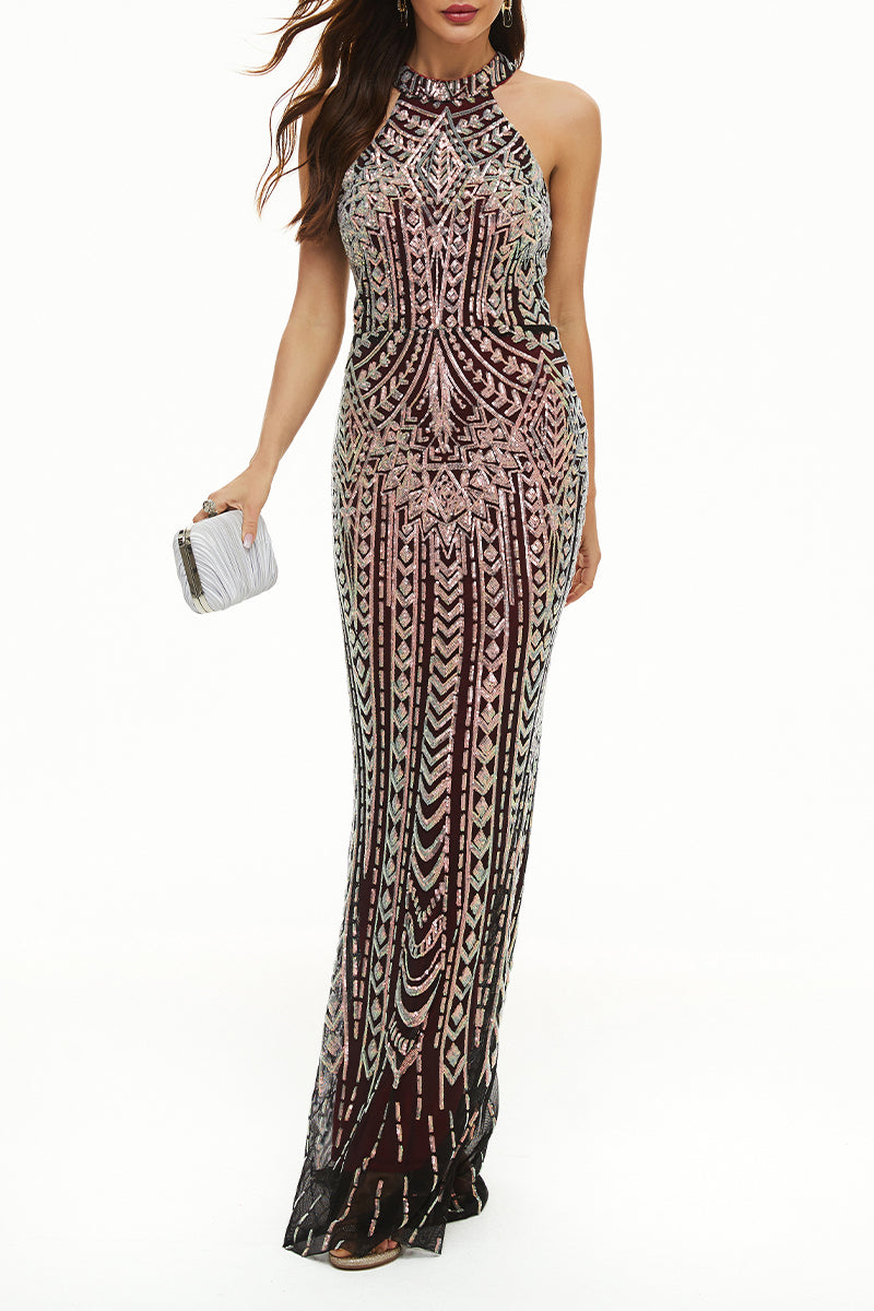 Celebrities Elegant Patchwork Contrast Halter Evening Dress Dresses(4 Colors) - Fashionpara