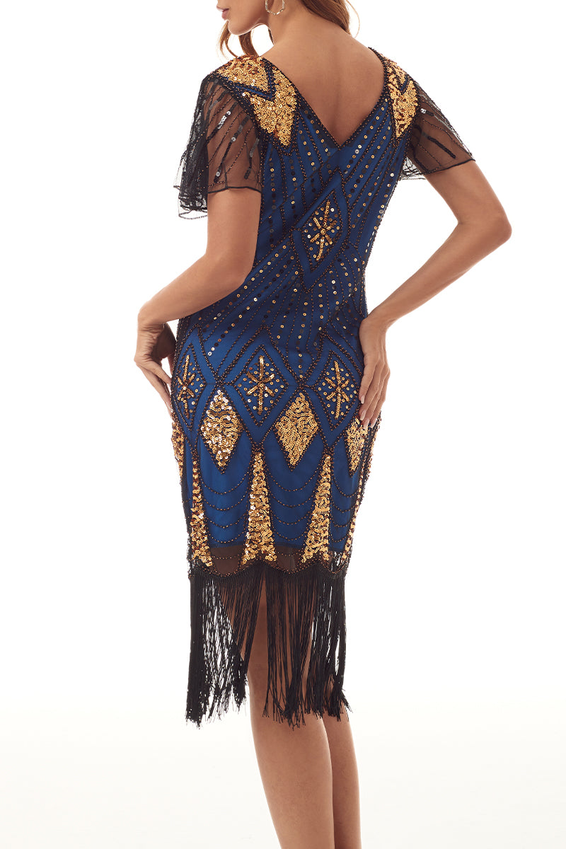 College Formal Patchwork Tassel Bead tube Zipper V Neck Evening Dress Dresses - Fashionpara