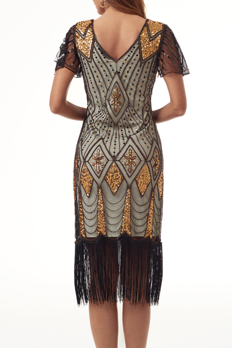 College Formal Patchwork Tassel Bead tube Zipper V Neck Evening Dress Dresses - Fashionpara