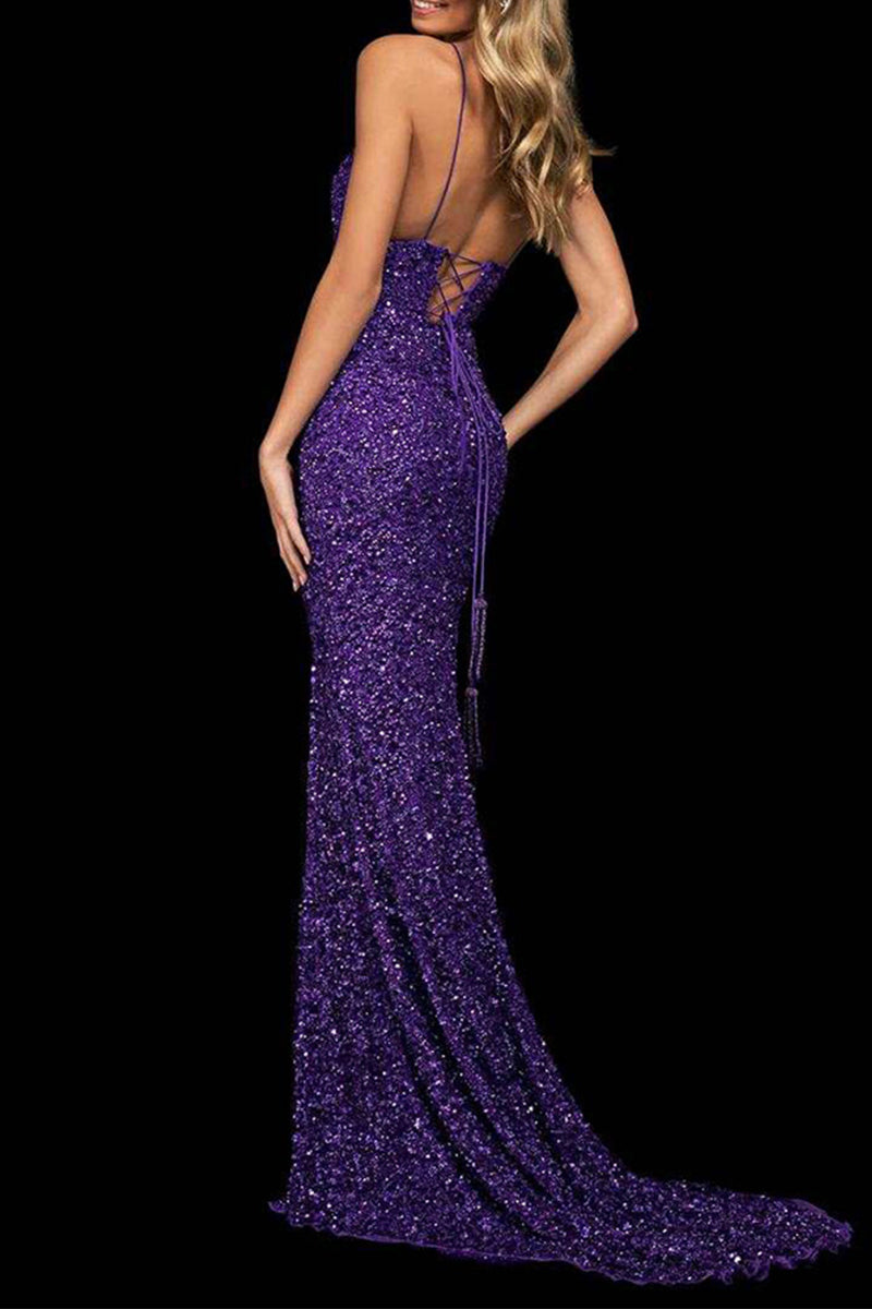Sexy Formal Solid Sequins Backless Slit V Neck Evening Dress Dresses - Fashionpara
