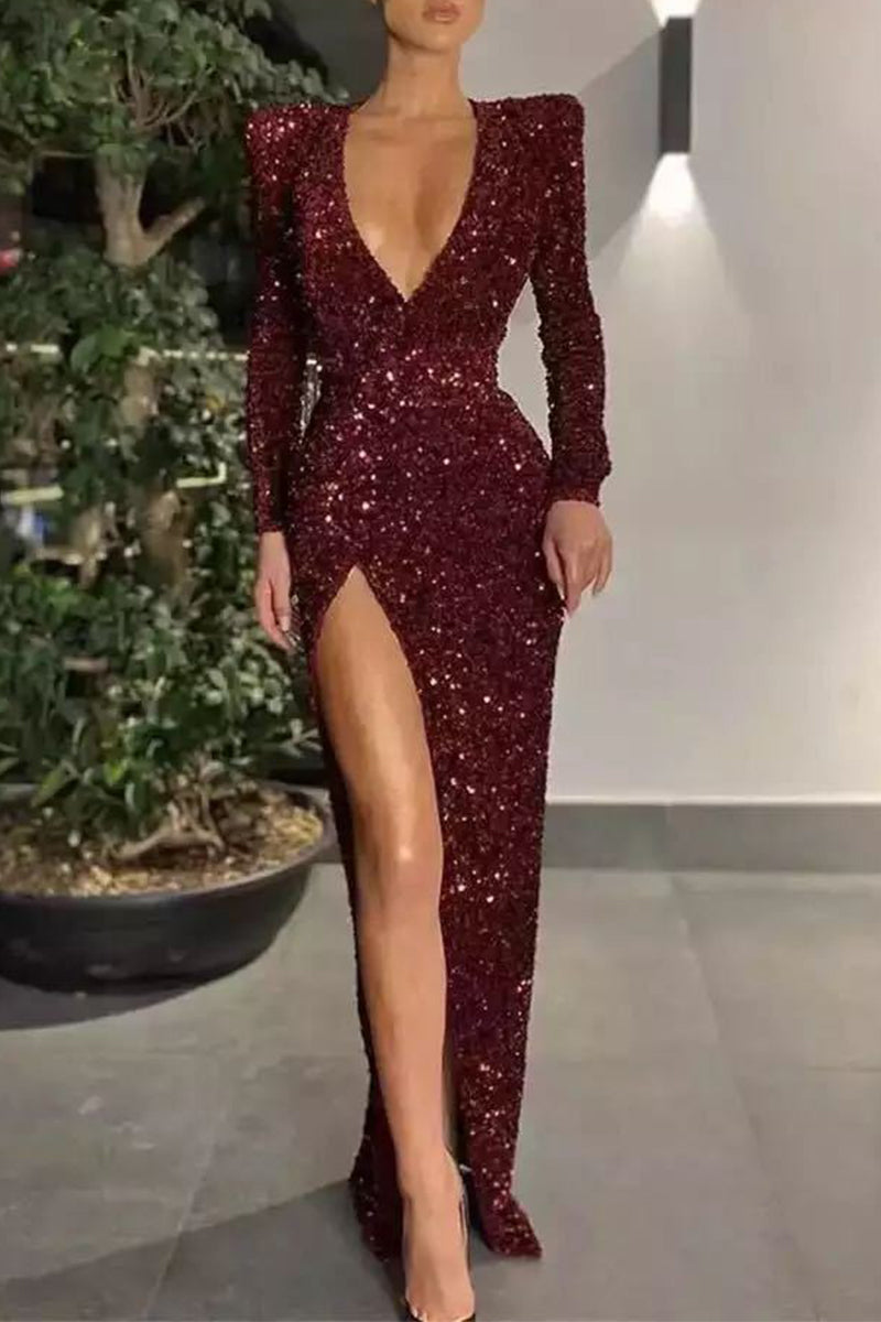 Sexy Formal Solid Sequined V Neck Evening Dress Dresses(3 Colors) - Fashionpara