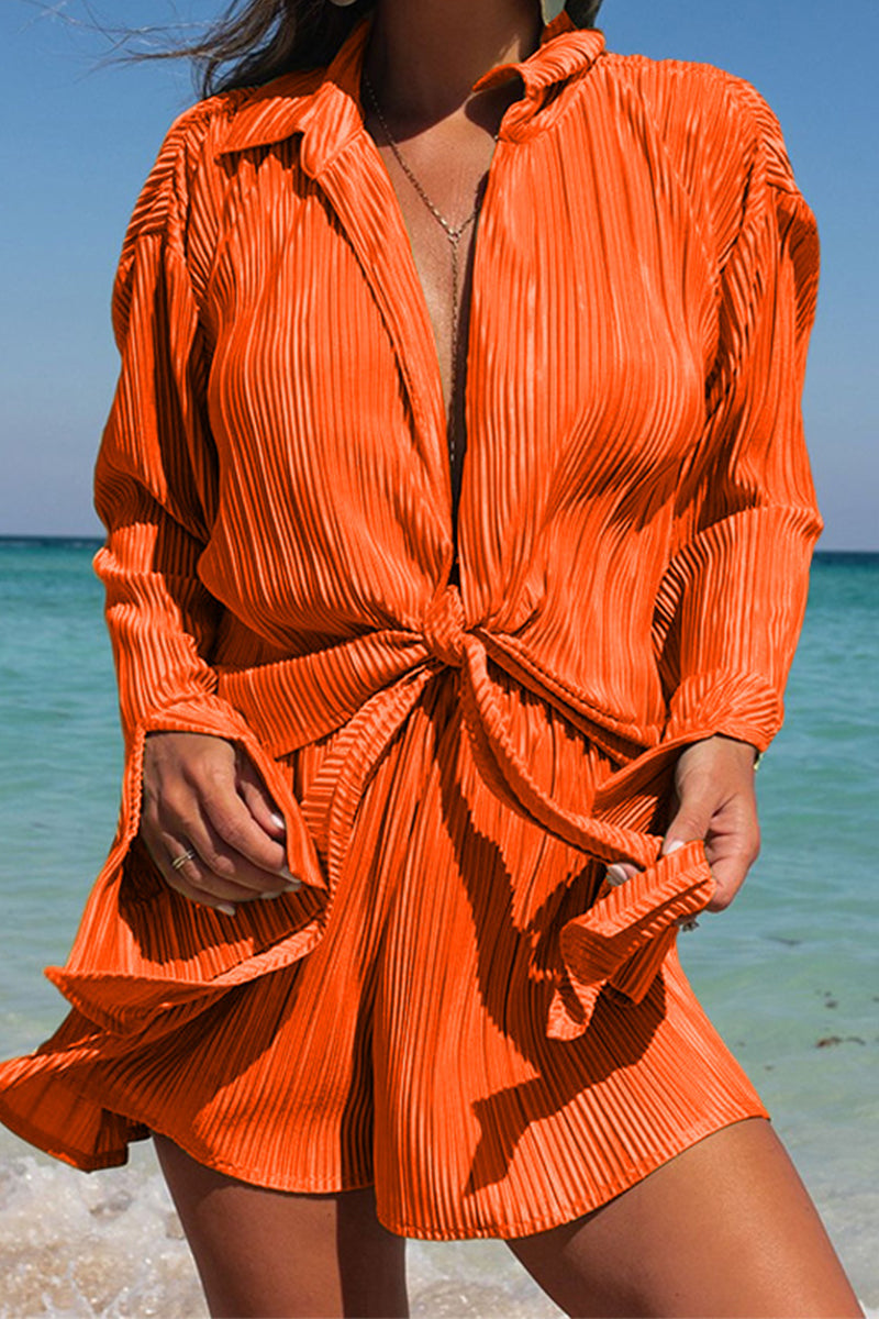 Casual Vacation Solid Patchwork Turndown Collar Long Sleeve Two Pieces  Fashionpara