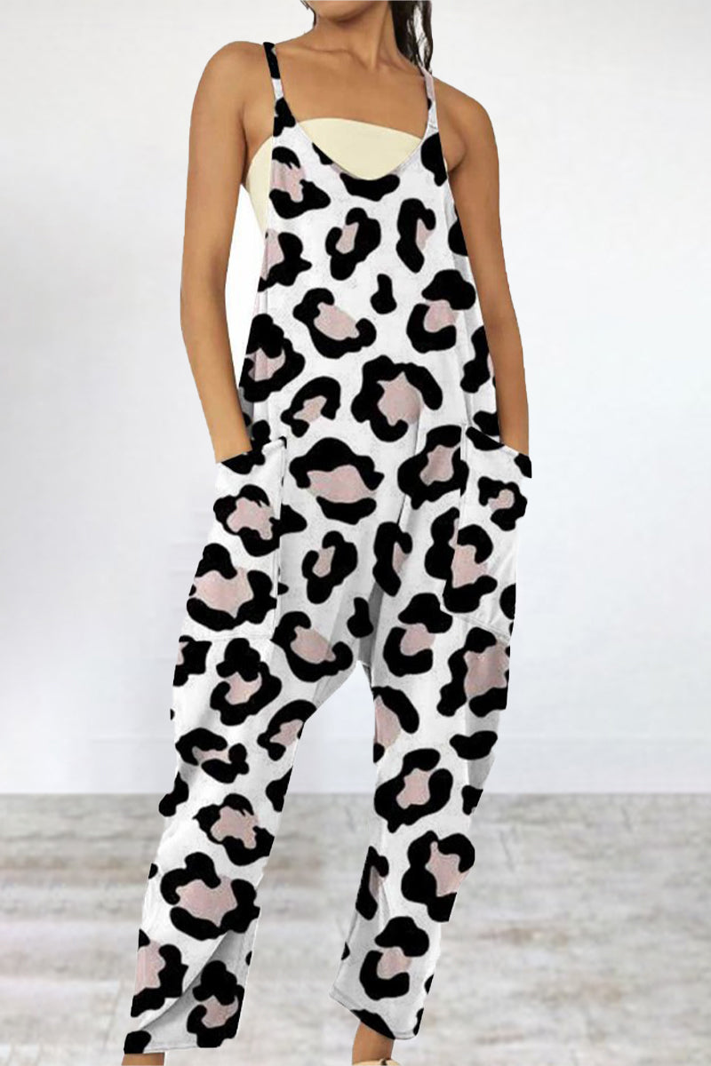 Casual Print Patchwork Pocket V Neck Loose Jumpsuits(6 Colors)