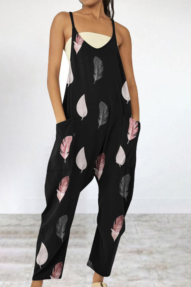 Casual Print Patchwork Pocket V Neck Loose Jumpsuits(6 Colors)